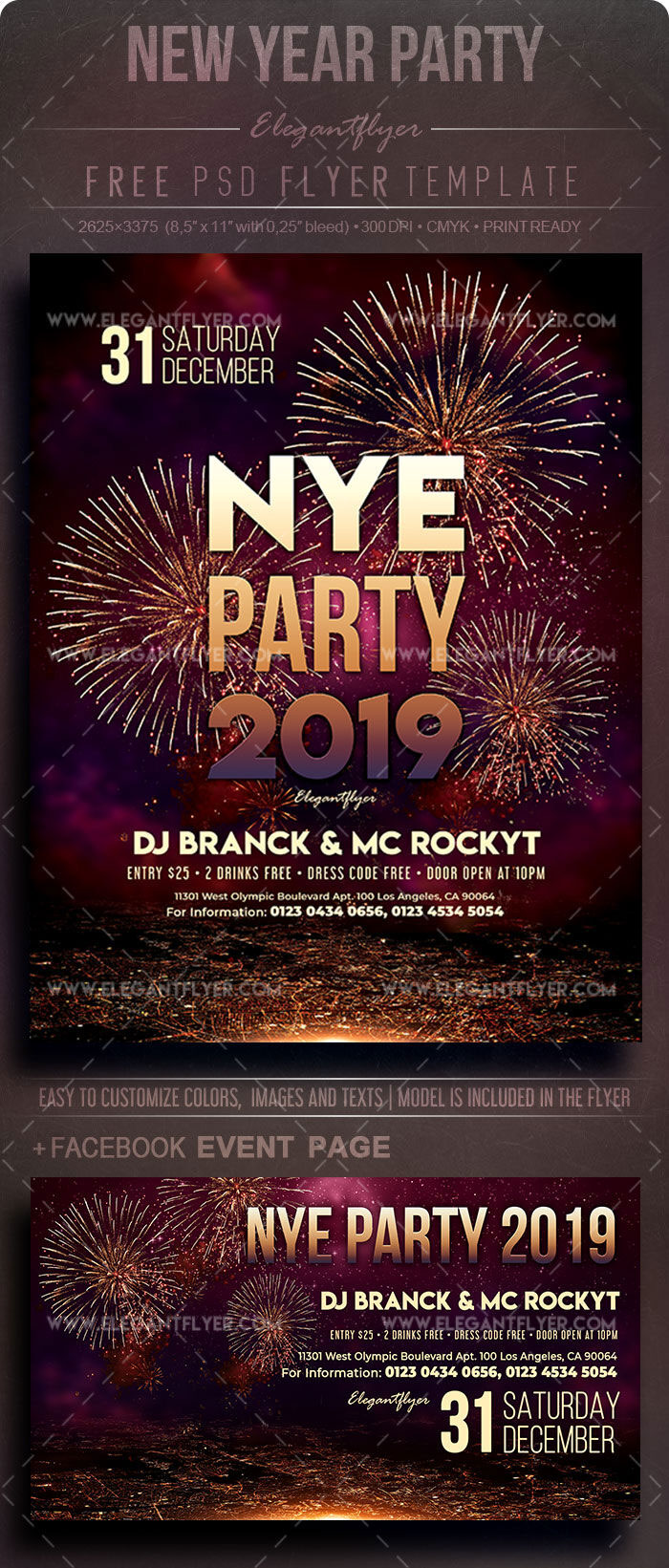 Urban Fireworks New Year Night Flyer and Facebook Cover Template FREE PSD