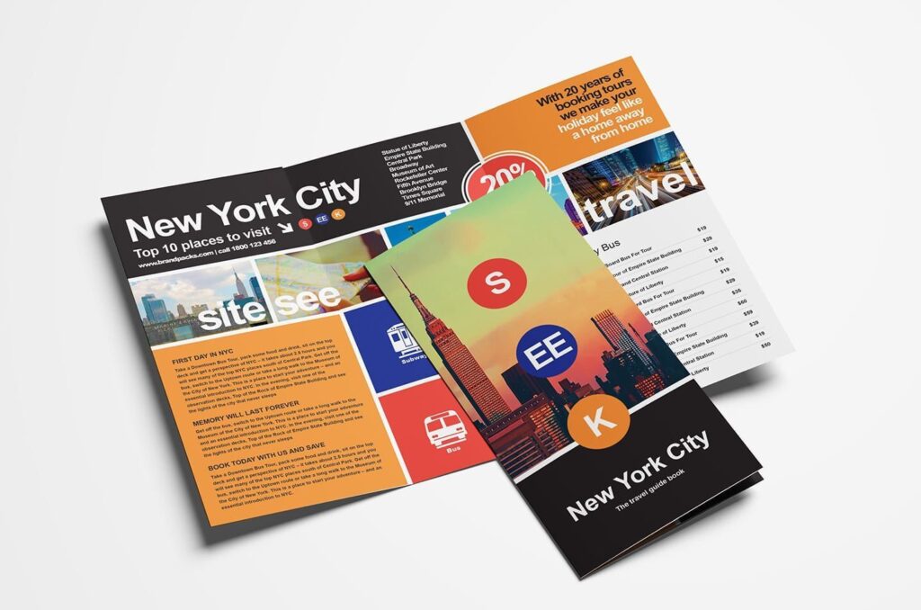 Urban Tri-Fold Travel Brochure Template with a Black, Orange Color Scheme