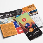 Urban Tri-Fold Travel Brochure Template with a Black, Orange Color Scheme