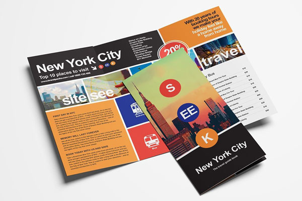 Urban Tri-Fold Travel Brochure Template with a Black, Orange Color Scheme