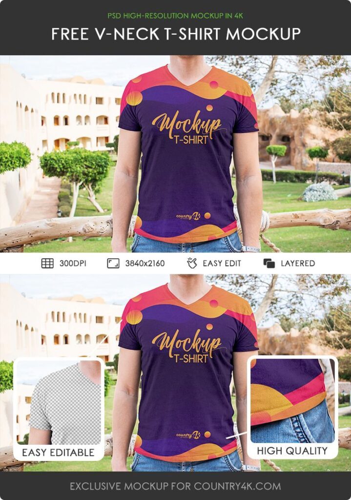 V-Neck T-shirt Mockup Featuring a Man Wearing it in Front View