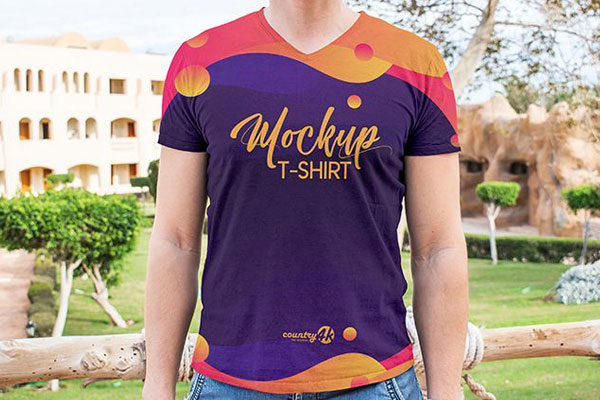 V-Neck T-shirt Mockup Featuring a Man Wearing it in Front View