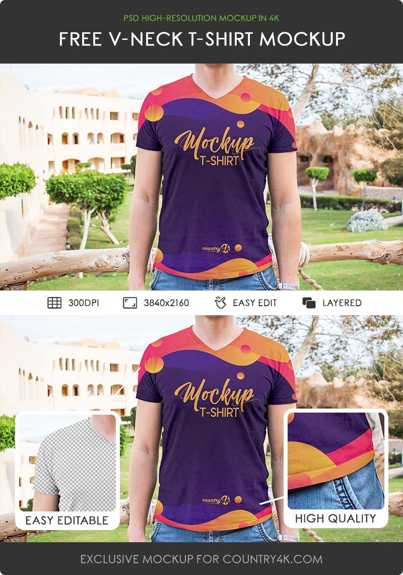 V-Neck T-shirt Mockup Featuring a Man Wearing it in Front View FREE PSD