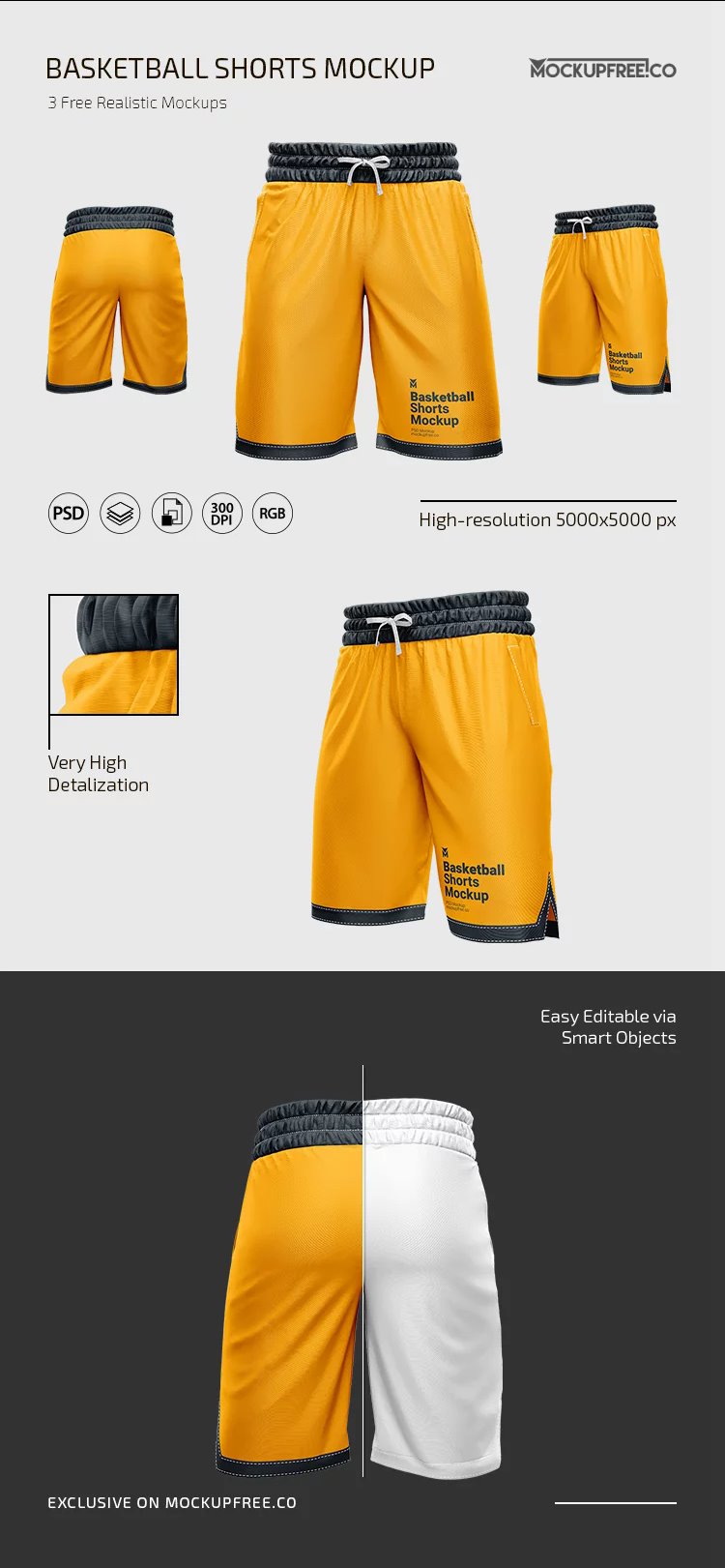 Varied Sight of 3 Basketball Shorts Mockups FREE PSD