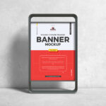Vertical Advertisement Banner Stand in the Front View Mockup