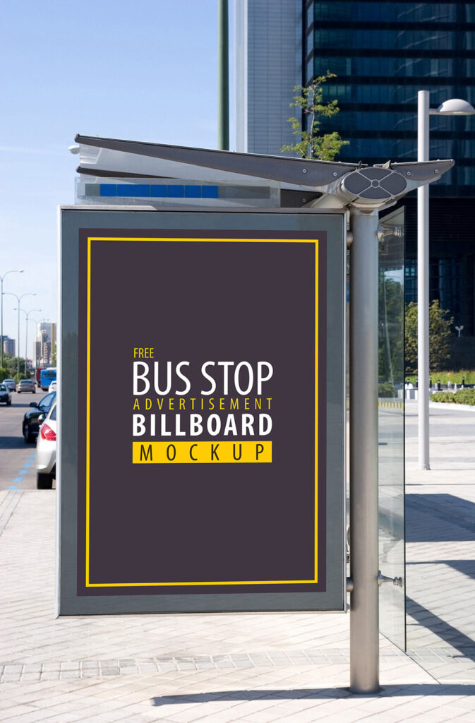 Vertical Bus Stop Advertising Billboard in the Front View Mockup