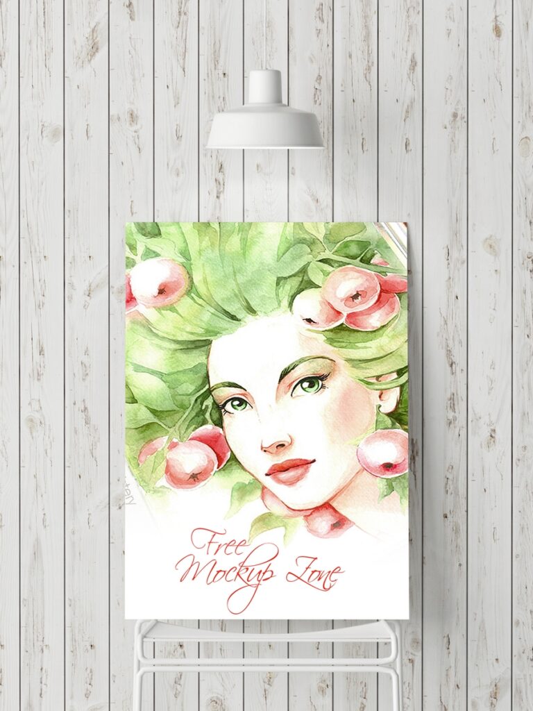 Vertical Canvas Mockup Leaning Against Wooden Wall Under a Lamp