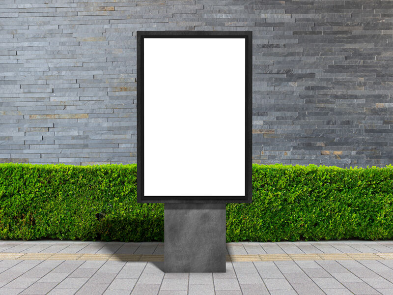 Vertical City Signage Standing on Sidewalk in the Front View Mockup