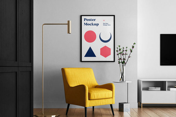 Vertical, Front-View Poster Hung on the Wall in Living Room Mockup