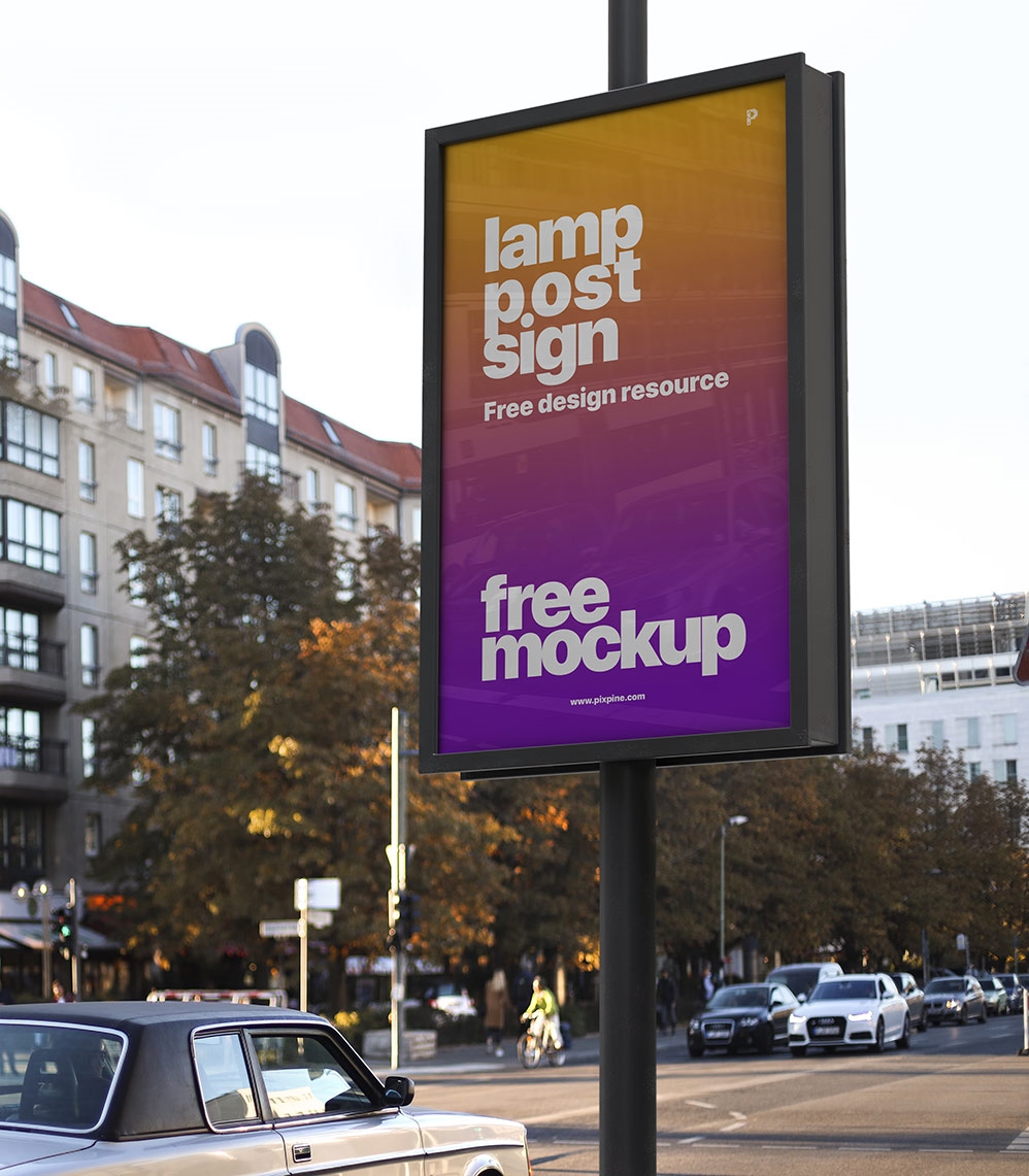 Vertical Lightbox Signboard on the Sidewalk at 34 Angle View Mockup FREE PSD
