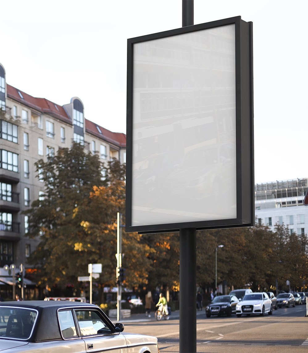 Vertical Lightbox Signboard on the Sidewalk at 34 Angle View Mockup FREE PSD