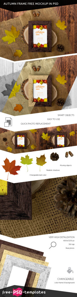 Vertical Photo Frame Mockup Featuring Autumn Leaves in Top View