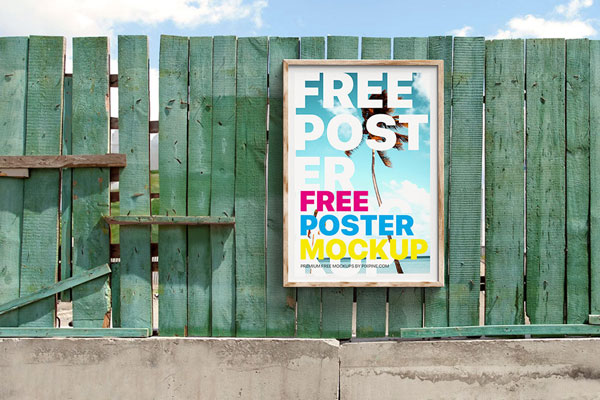 Vertical Poster Mockup on Wooden Wall in Facing View