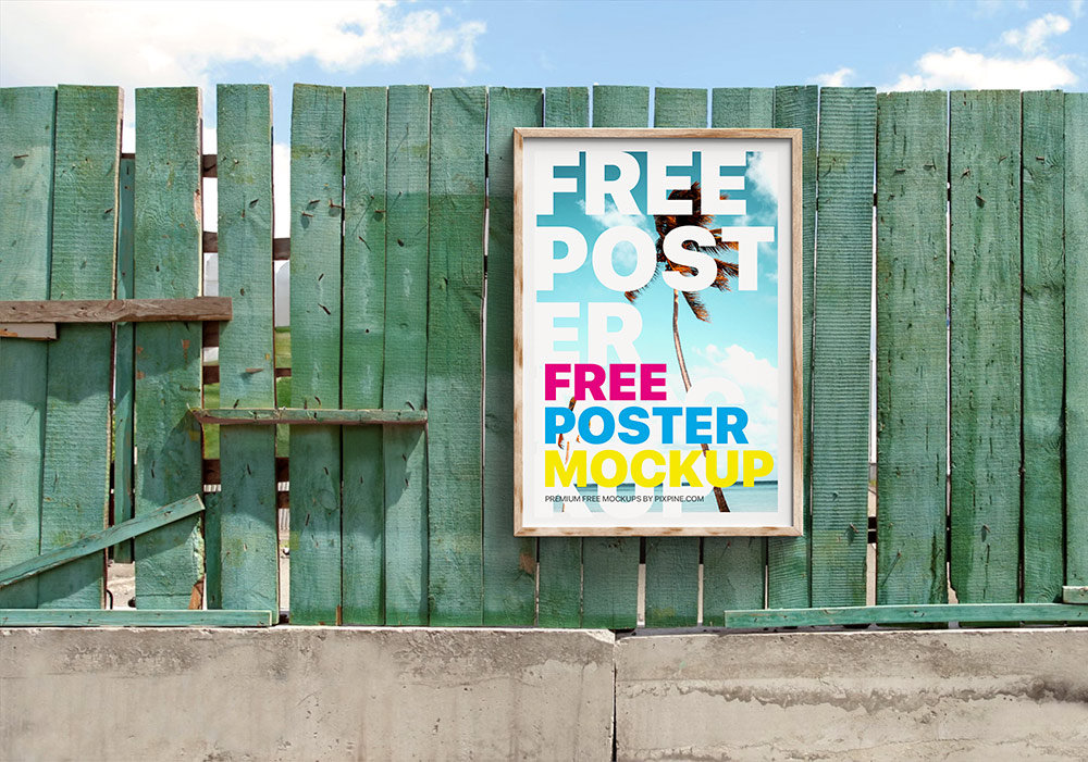 Vertical Poster Mockup on Wooden Wall in Facing View
