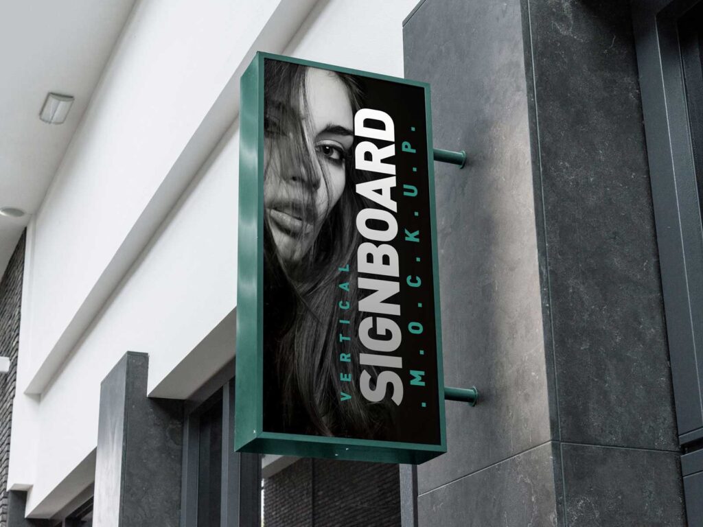 Vertical Shop Signboard Mockup with Metallic Frame on Building