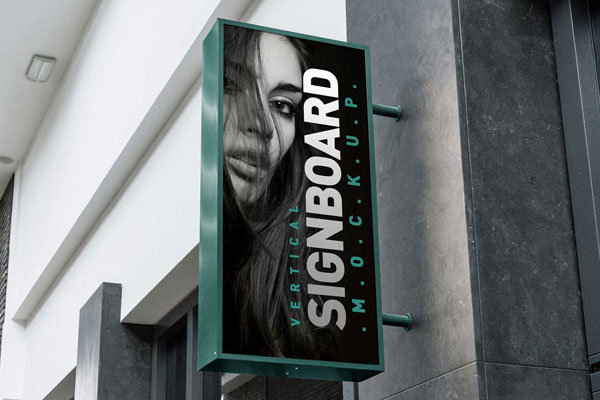 Vertical Shop Signboard Mockup with Metallic Frame on Building