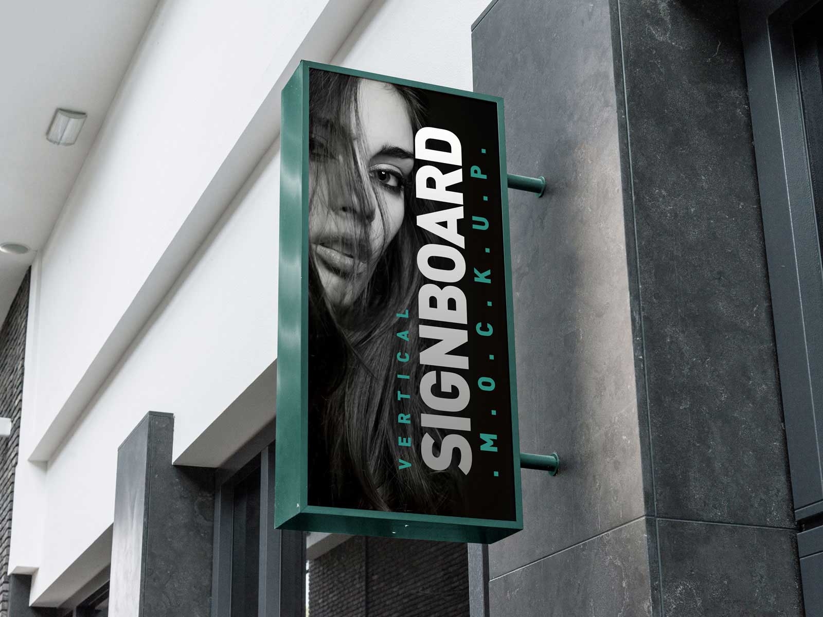 Vertical Shop Signboard Mockup with Metallic Frame on Building FREE PSD