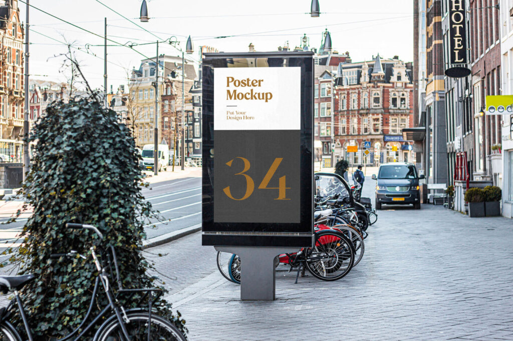 Vertical Signage on the Sidewalk in Half-Side View Mockup