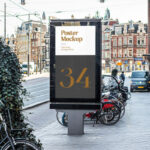 Vertical Signage on the Sidewalk in Half-Side View Mockup