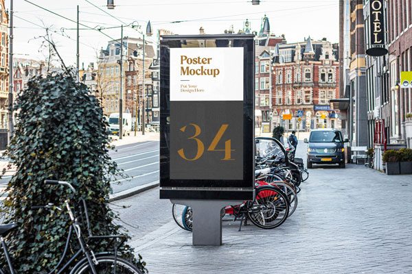 Vertical Signage on the Sidewalk in Half-Side View Mockup