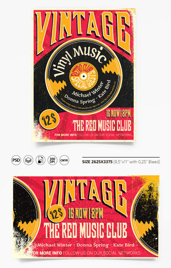 Vintage Music Event Flyer Along with Facebook Cover Templates