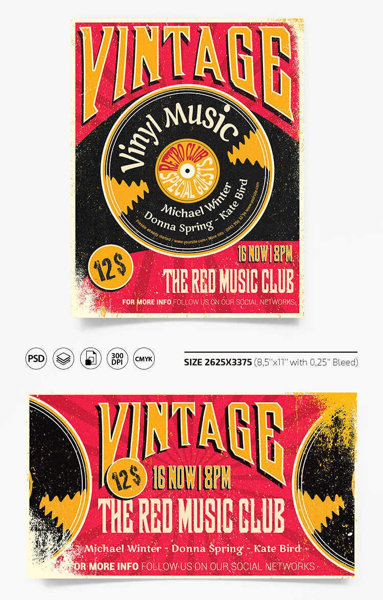 Vintage Music Event Flyer Along with Facebook Cover Templates FREE PSD