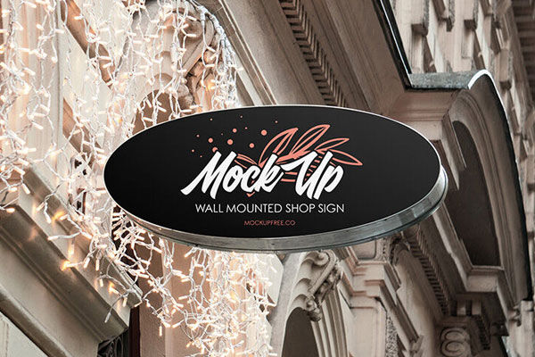 Wall Mounted Oval-Shaped Shop Sign Mockup