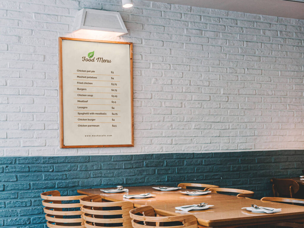 Wall Wooden Framed Restaurant Menu Poster Mockup