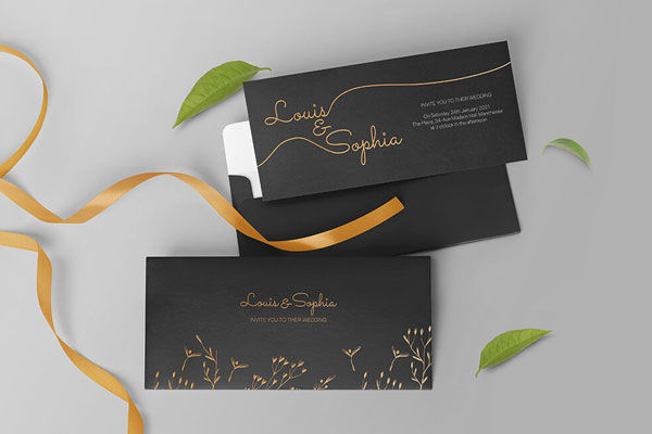 Wedding Invitation Card and Envelope Mockup with Ribbon and Leaves