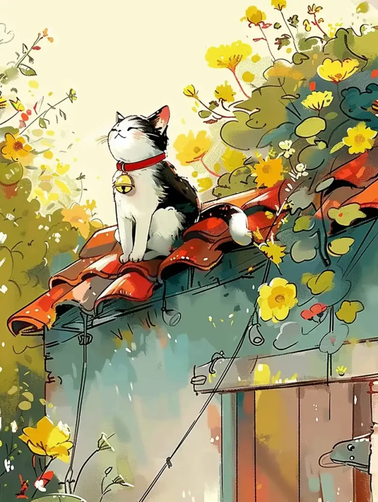 Whimsical Cat on Roof