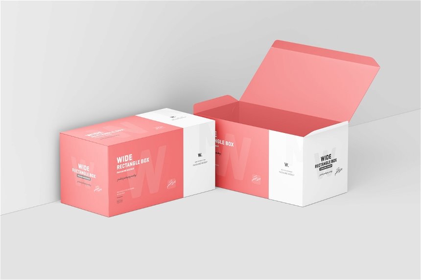 Wide Rectangle Box Packaging Mockup in 4 Sights