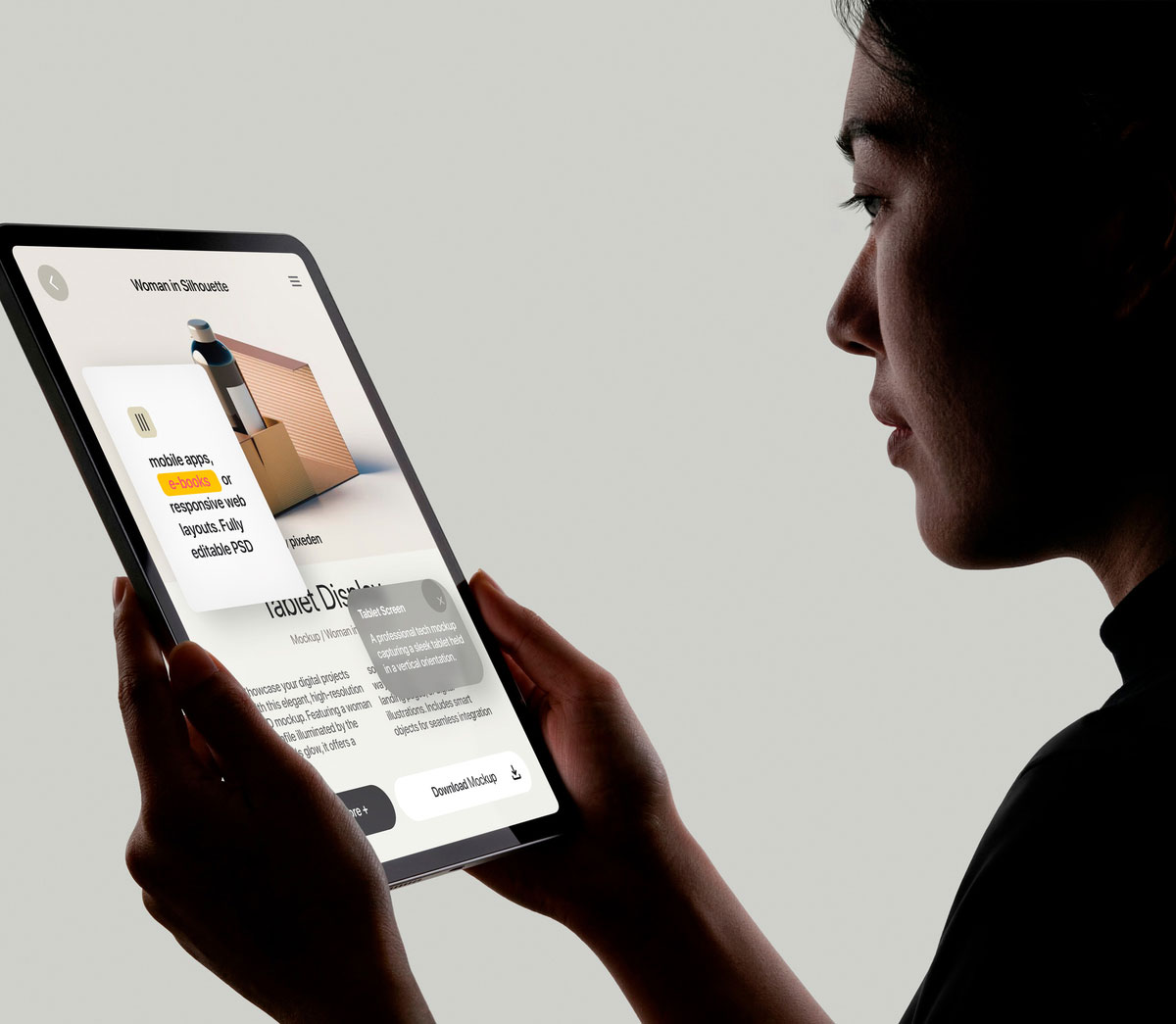 Free Woman with Minimalist Tablet Mockup PSD Template