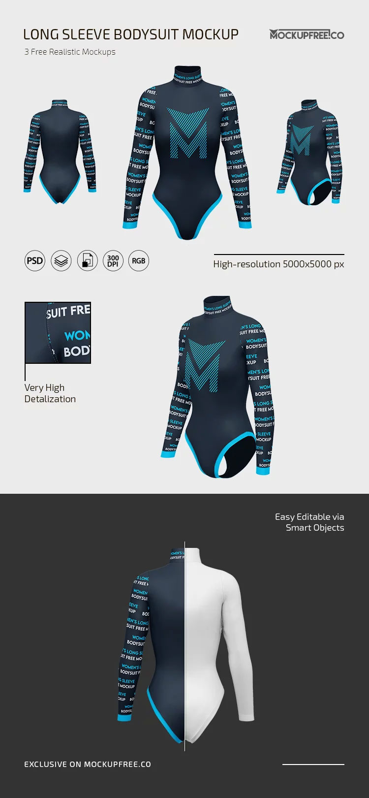 Free Womens Long Sleeve Bodysuit Mockup PSD Template