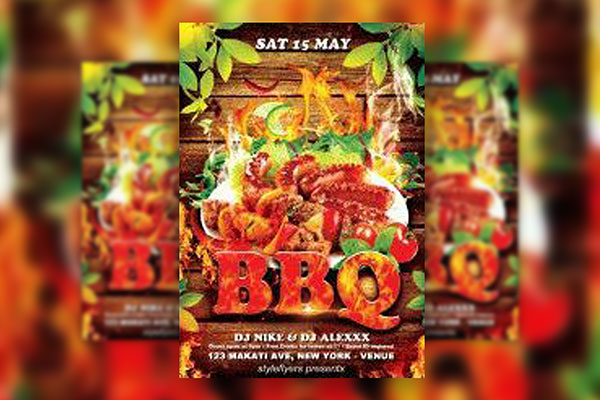 Wooden Background and Leaves Barbecue Party Flyer Template