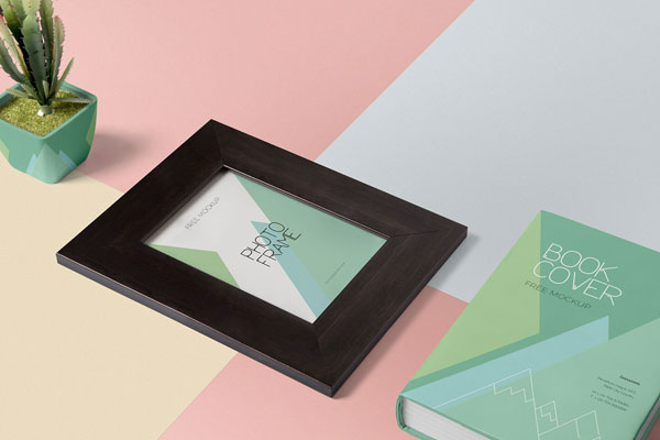 Wooden Frame and Thick Hardcover Book Mockup