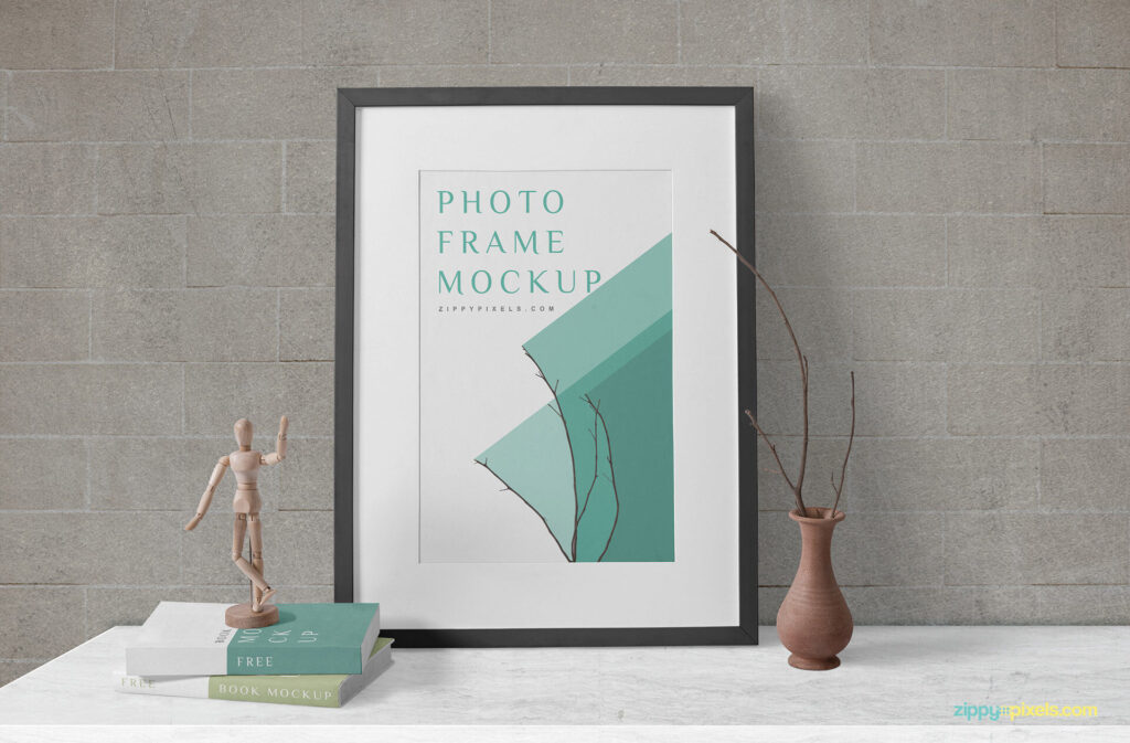 Wooden Frame Mockup with Books and Decorative Elements