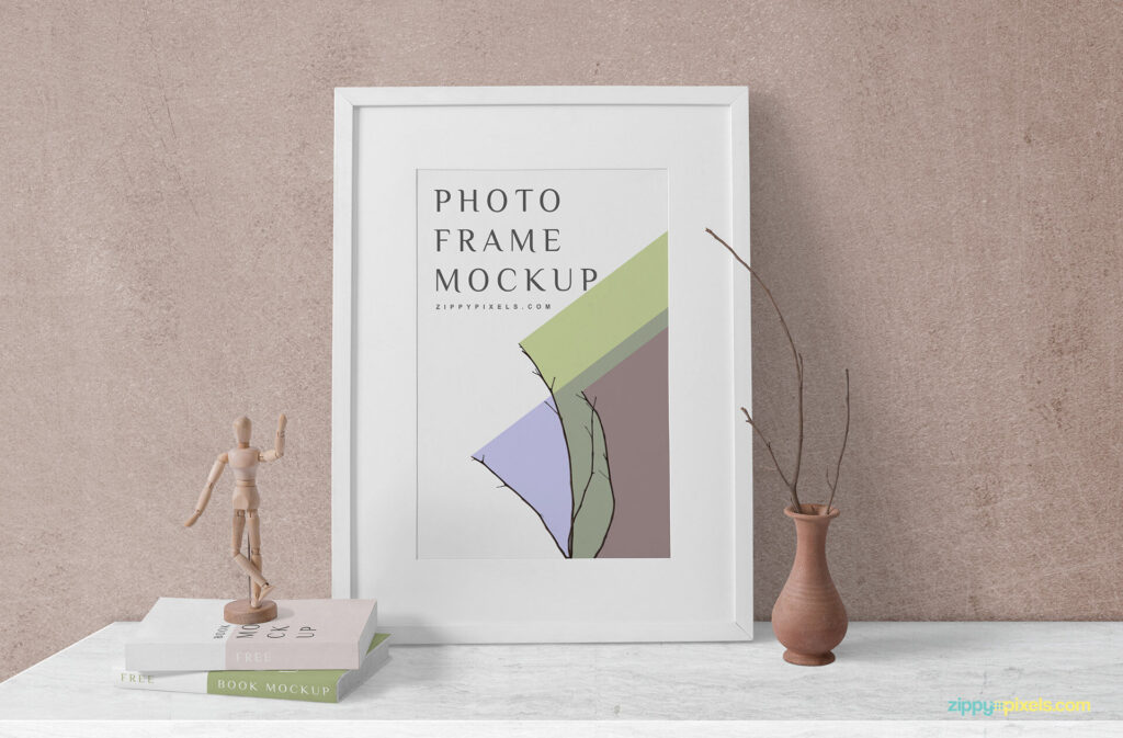 Wooden Frame Mockup with Books and Decorative Elements