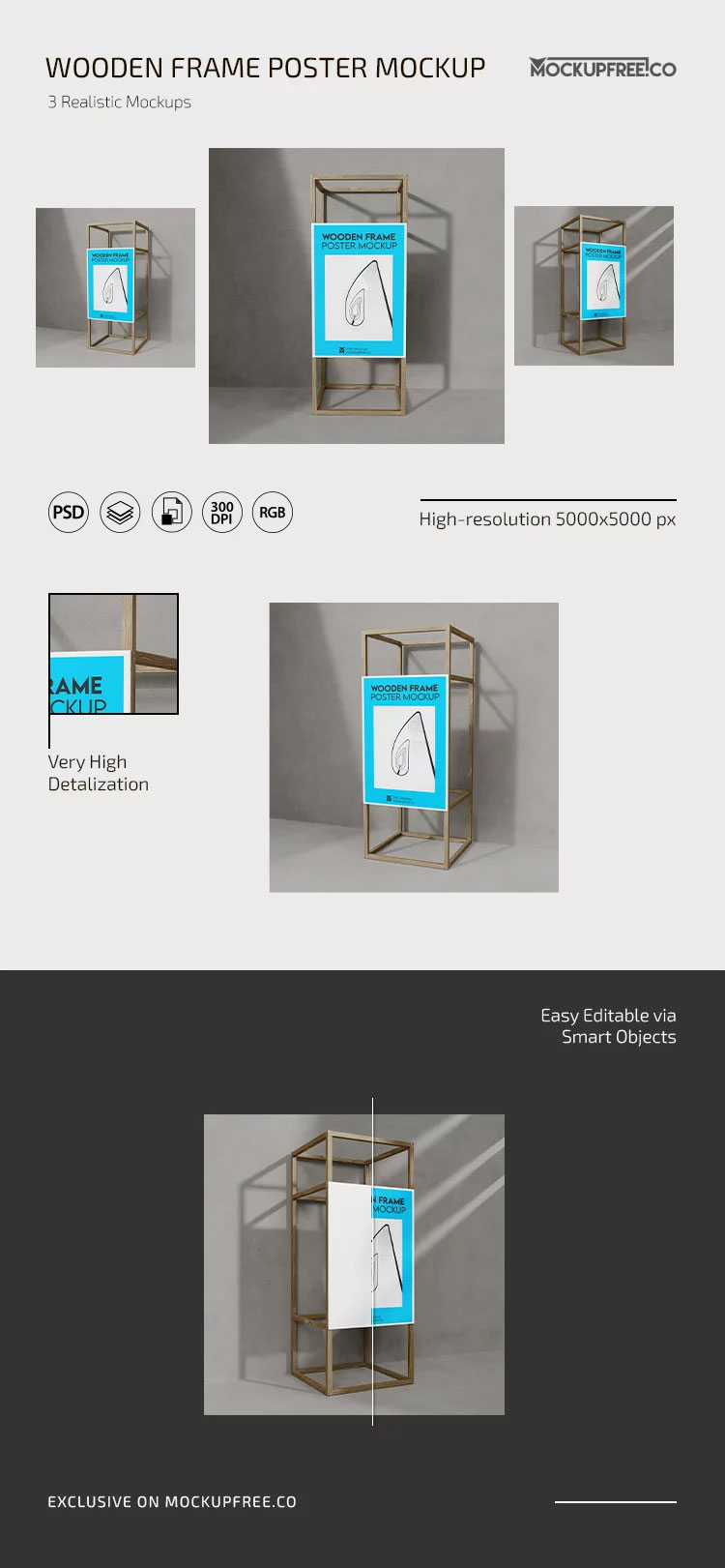 Free Wooden Frame Poster Mockup PSD Template