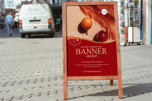 Wooden Stand Banner Mockup in a Street