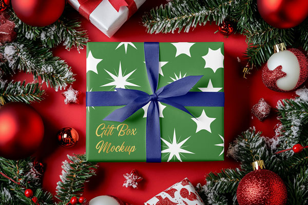 Wrapped Christmas Gift Box Mockup