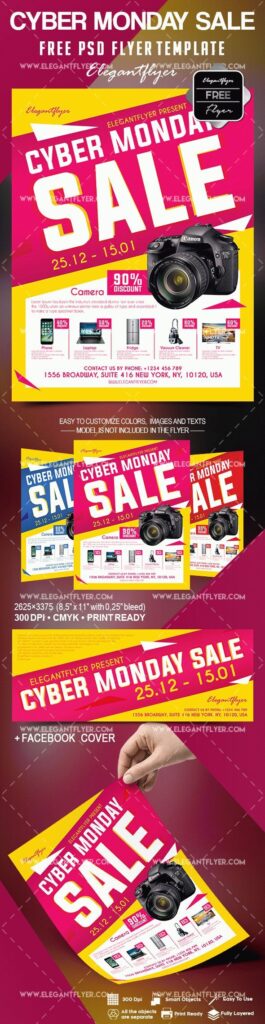 Yellow Grid Cyber Monday Sale Flyer and Facebook Cover Template
