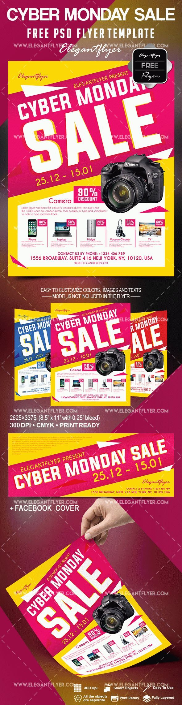 Yellow Grid Cyber Monday Sale Flyer and Facebook Cover Template FREE PSD
