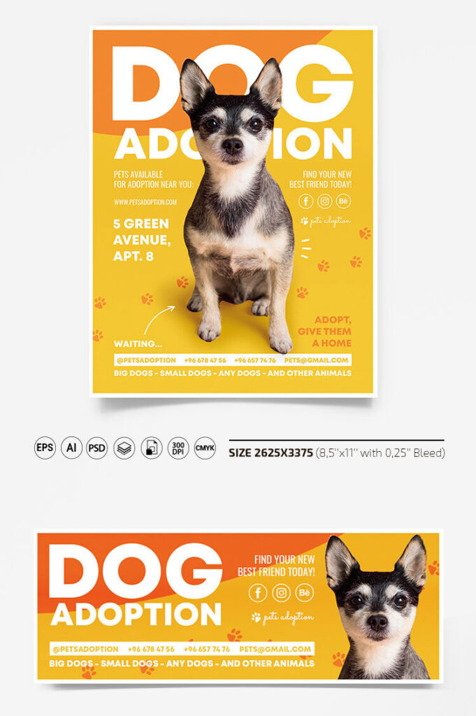 Yellow, Orange, Modern Dog Adoption Flyer Along with Facebook Cover Templates