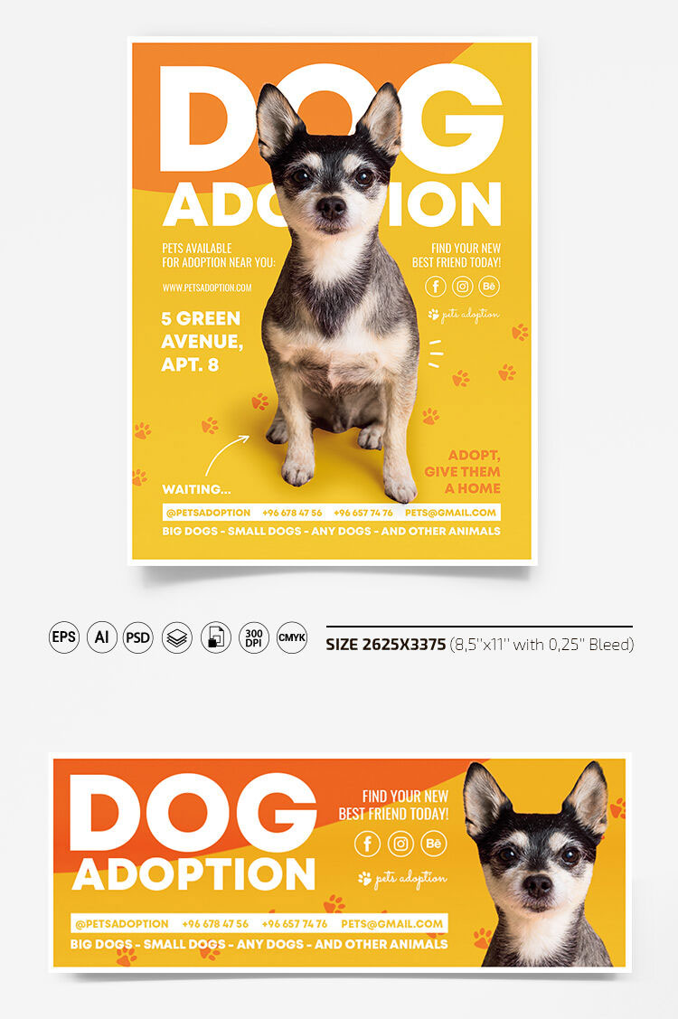 Yellow, Orange, Modern Dog Adoption Flyer Along with Facebook Cover Templates FREE PSD